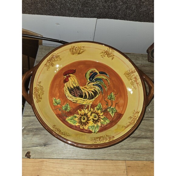 Orange Rooster Large Round Serving Bowl w/Handles Acorn/Leaf Pattern Vintage - Picture 2 of 6